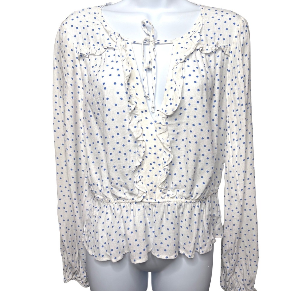 ABERCROMBIE & FITCH Womens White Blue Polka Dot Ruffle Peplum Blouse S Coquette
